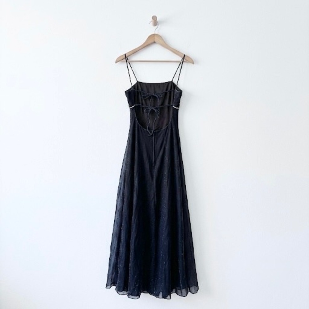 Vintage Y2K Jump Navy Glitter Prom Dress 5/6 Vampy Goth Cutout Tie Back Maxi 90s